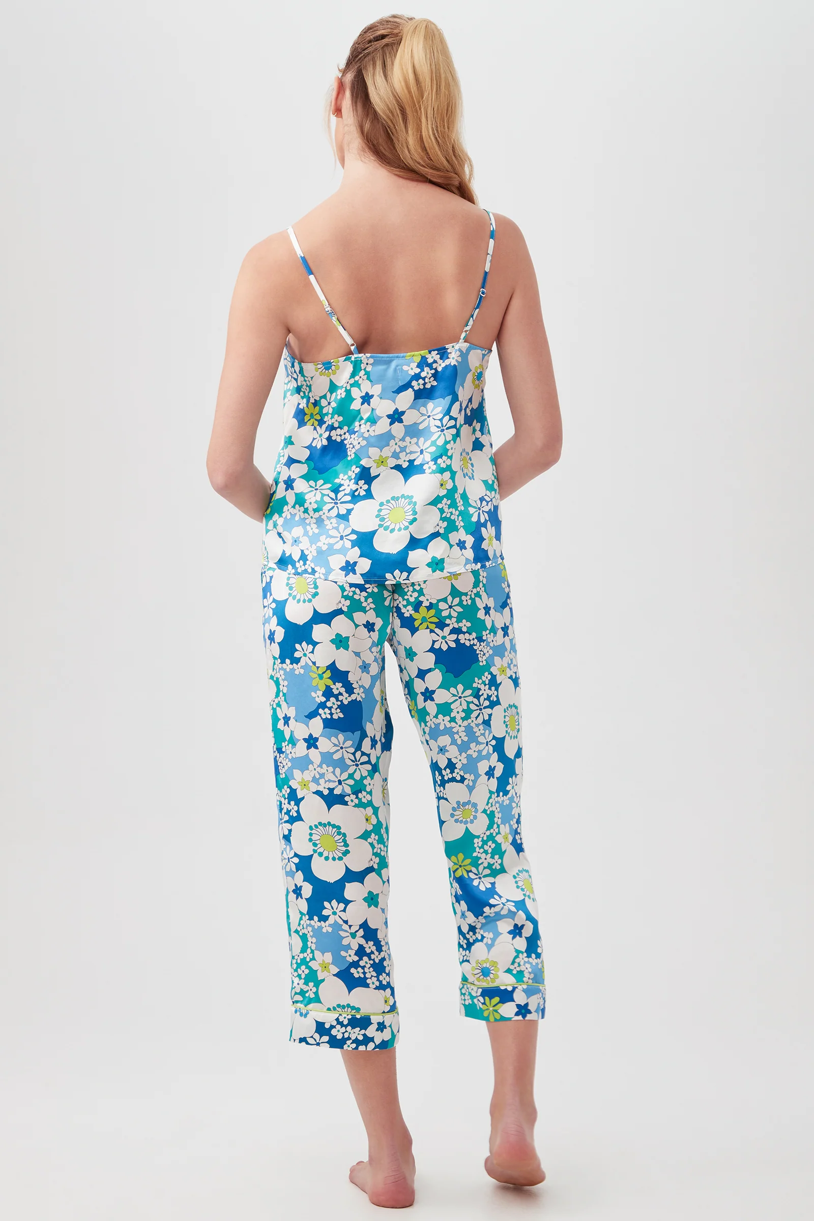Bali Blue Floral Women's Cami Tank Cropped Pant Silk PJ Set - Image 3