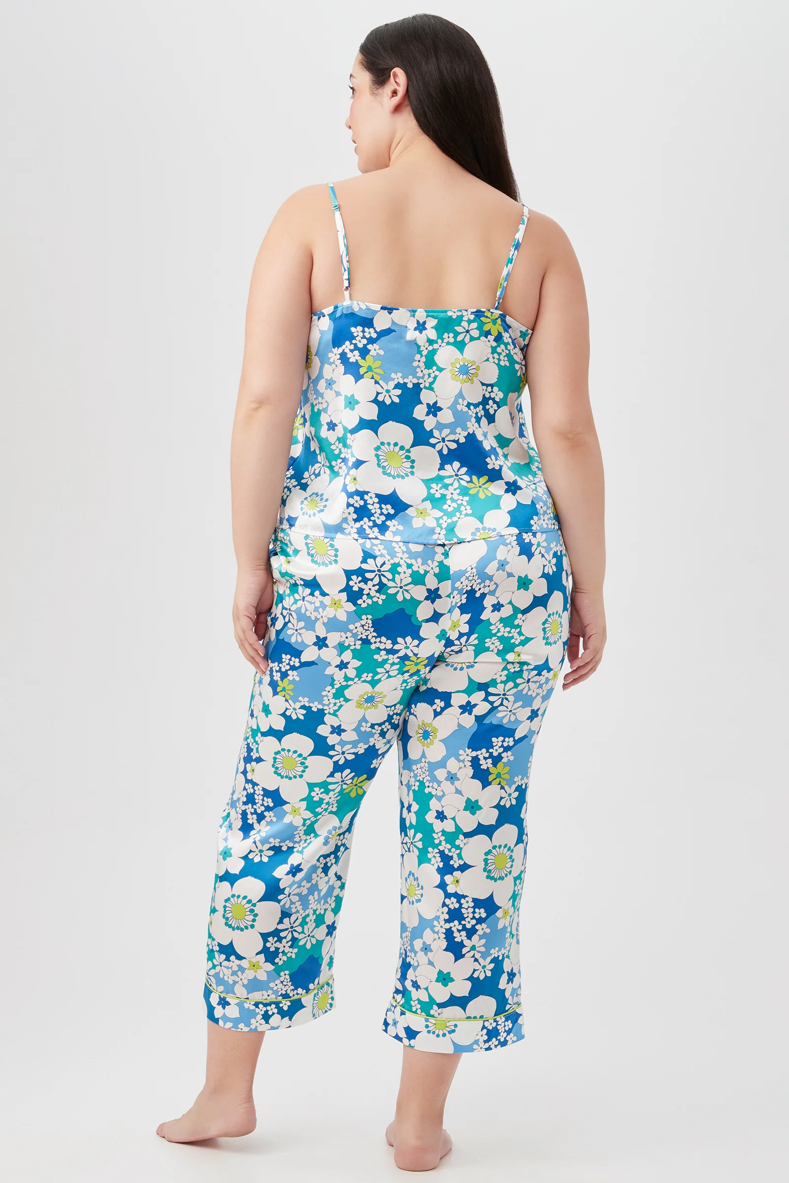 Bali Blue Floral Women's Cami Tank Cropped Pant Silk PJ Set - Image 4