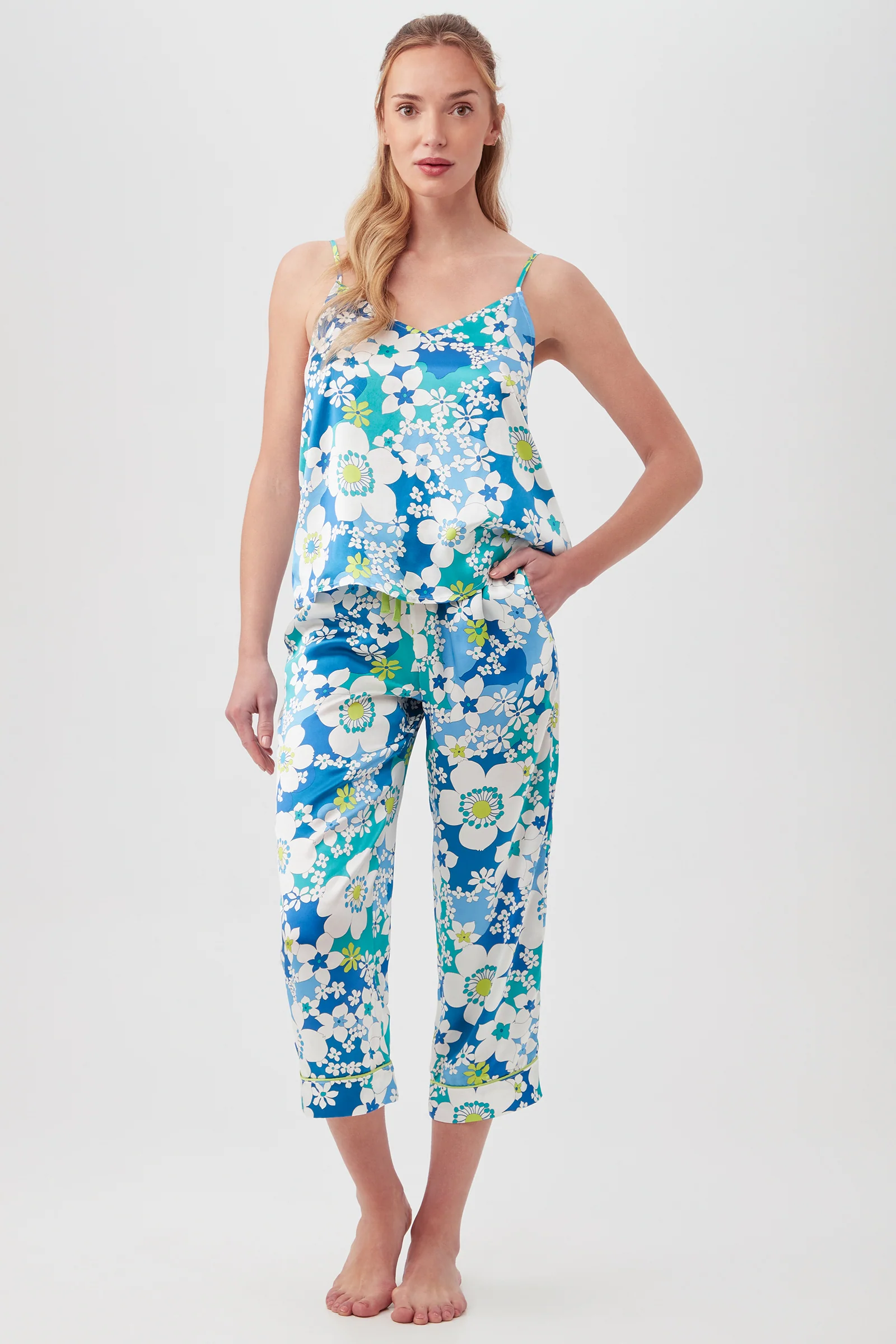 Bali Blue Floral Women's Cami Tank Cropped Pant Silk PJ Set - Image 5