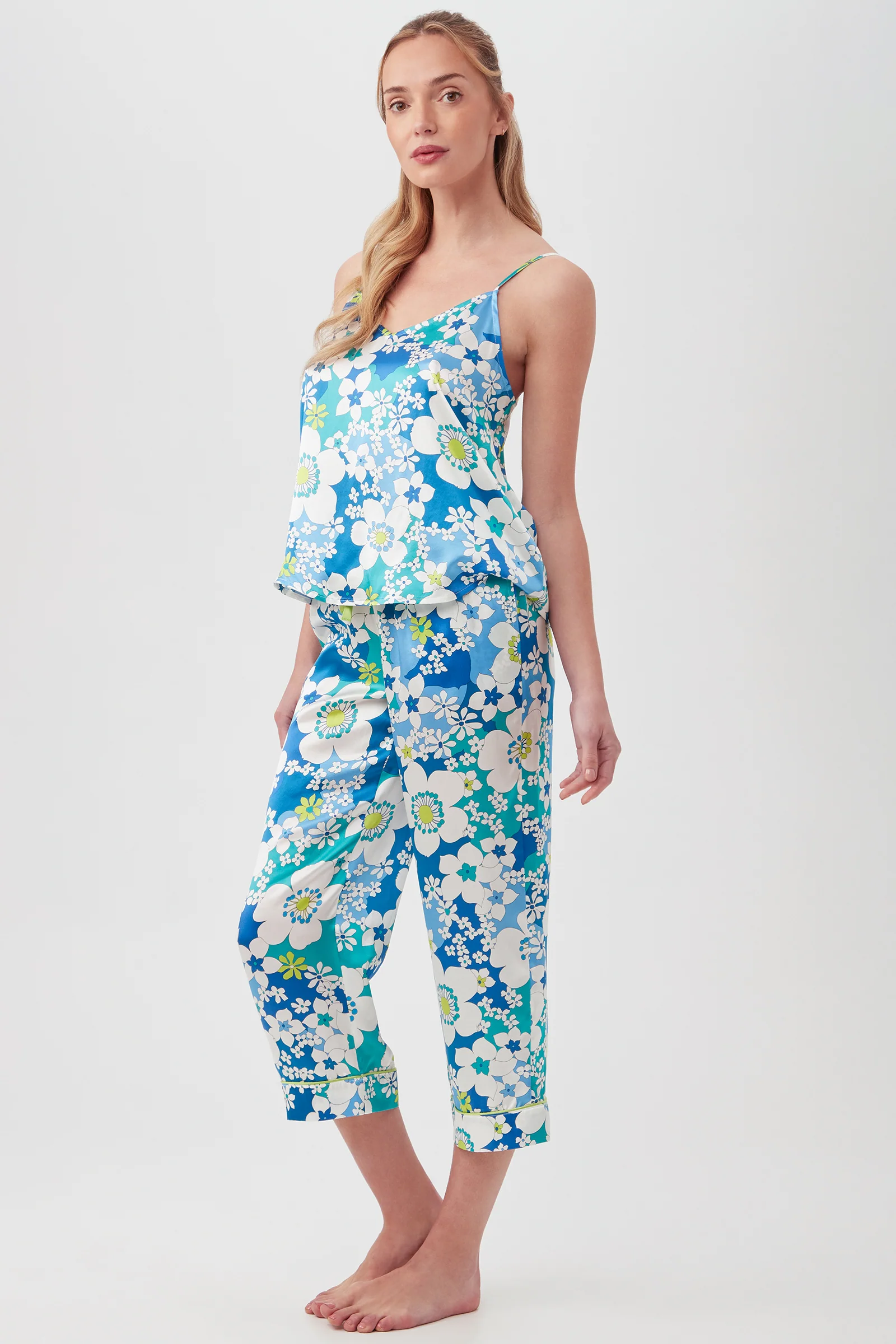 Bali Blue Floral Women's Cami Tank Cropped Pant Silk PJ Set - Image 6