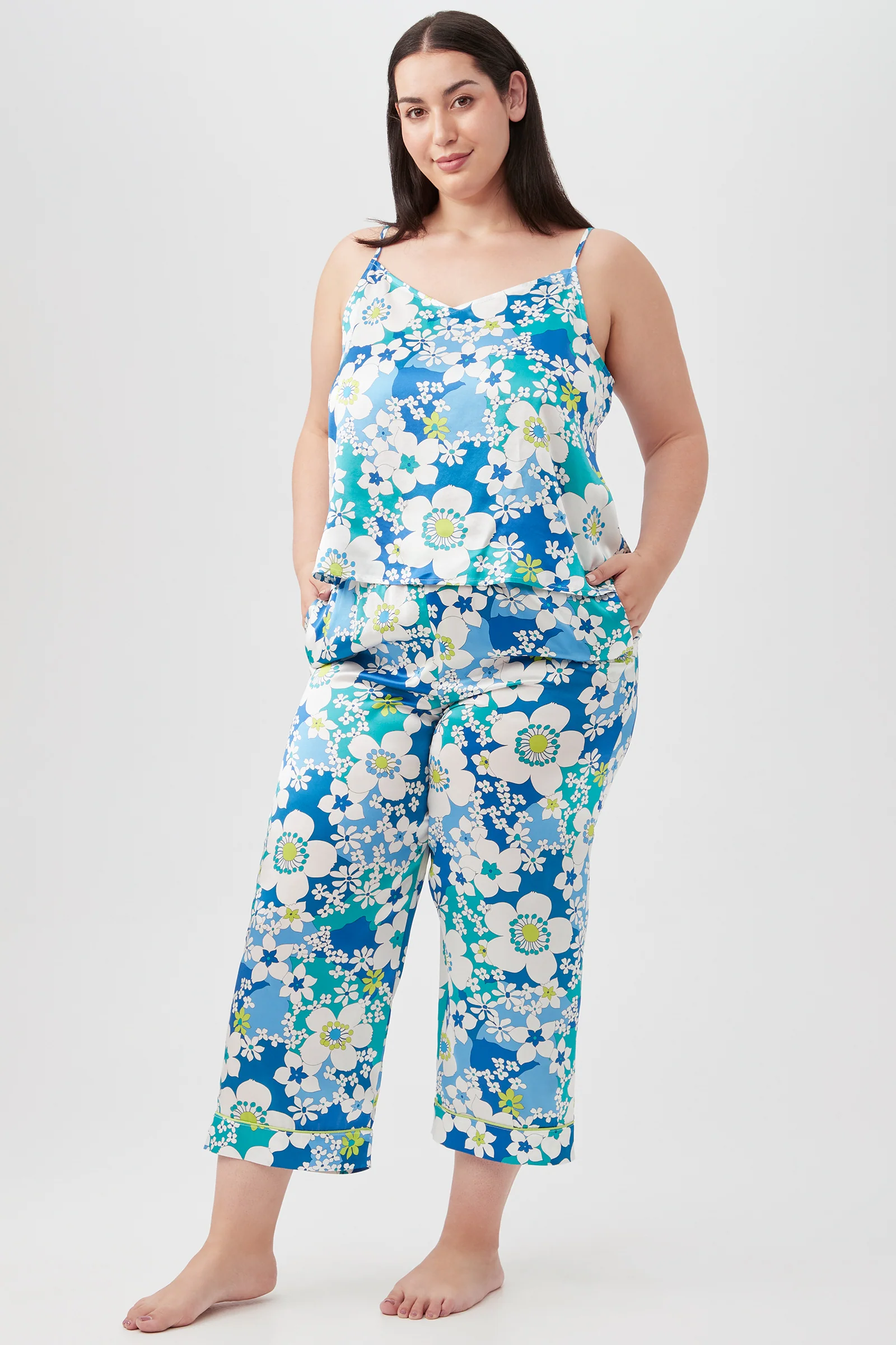 Bali Blue Floral Women's Cami Tank Cropped Pant Silk PJ Set - Image 7