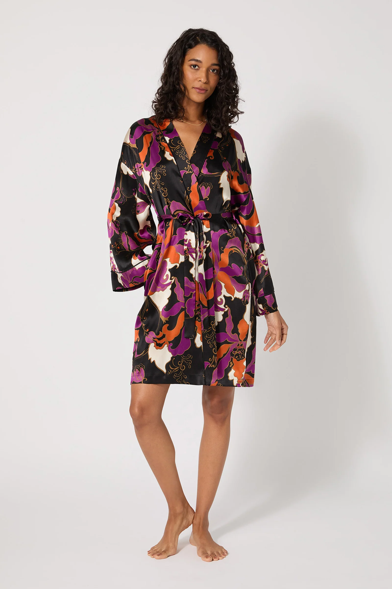 Long-Sleeve Silk Robe - Fall Floral